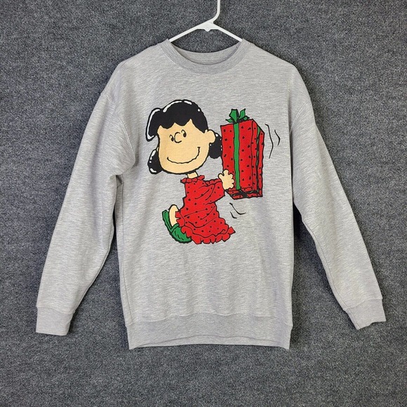 Peanuts Sweaters - Peanuts Sweater Womens S Christmas Gray Red Lucy Holding Fit Pullover Sweatshirt